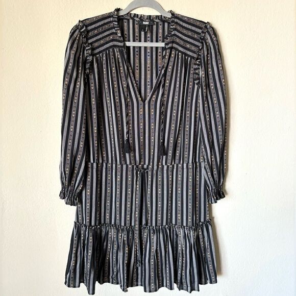 Paige Kaylynn Mini Black Multi Dress Striped Pleated V-Neck Blouse Size S - Picture 8 of 12